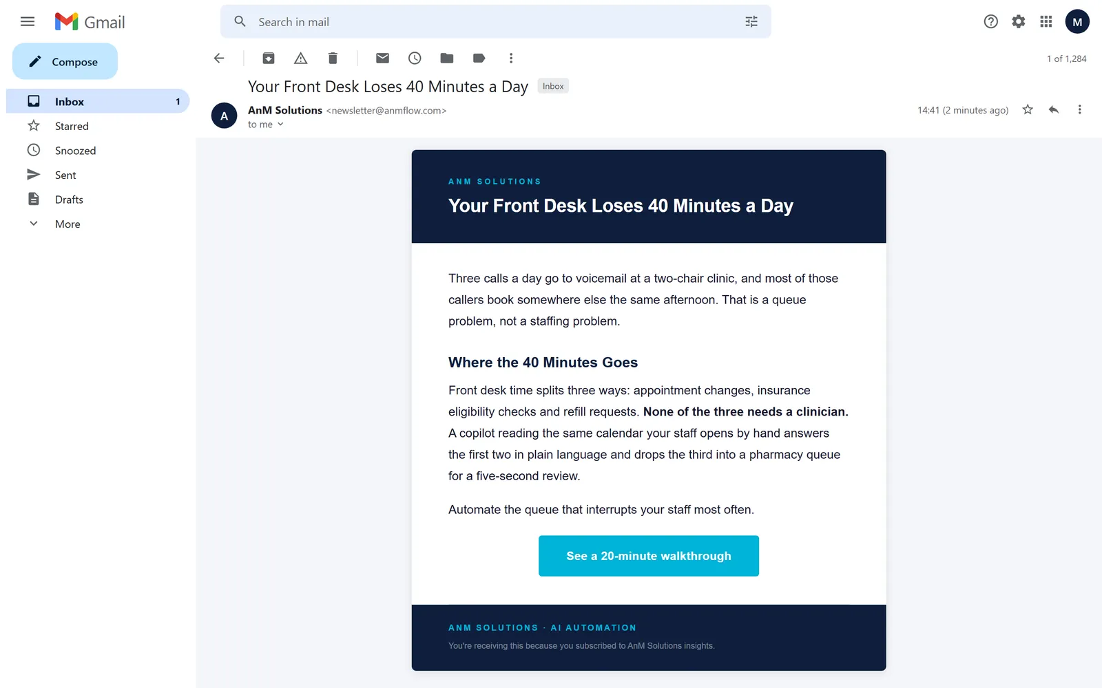 Сгенерированная рассылка открыта в Gmail на десктопе