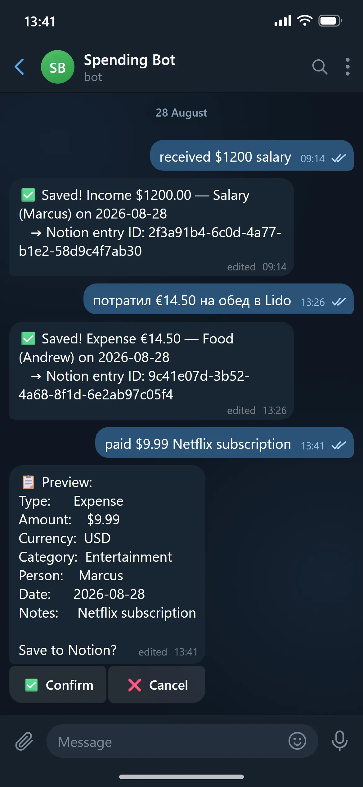 Telegram chat with two saved transactions and a preview waiting for Confirm