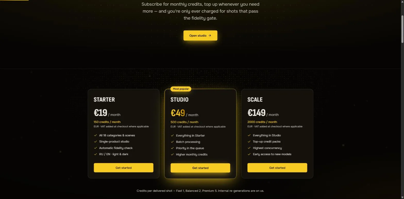 VITRINA pricing page with Starter, Studio and Scale plans